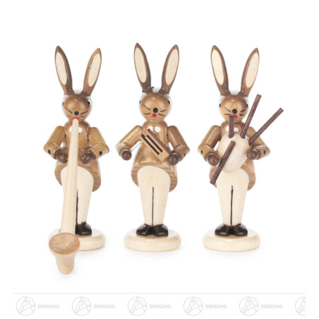 Hasentrio mit Alphorn, Dudelsack und Rassel, natur 8cm