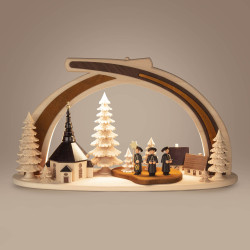 Massivholzbogen Seiffener Kirche mit Kurrende und LED-Beleuchtung (Trafo: 100...240V) 30x45cm