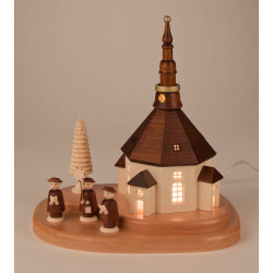 Seiffener Kirche mit Kurrende auf Sockel elektr. Innenbeleuchtung 22cm