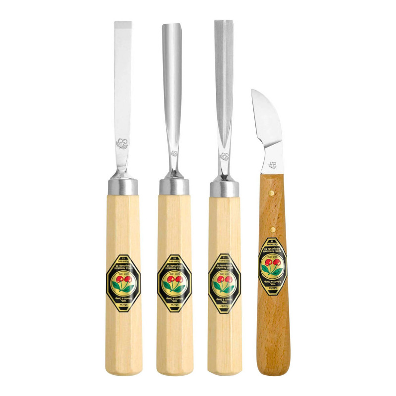 4-tlg.Satz Schnitzgarnitur 3 Beitel 6mm,8mm,8mm 1 Messer mit langer, schräger Schneide