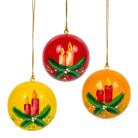Weihnachtskugeln rot, orange, gelb, Zweig mit Kerze, 3 Stück 5cm, handbemalt