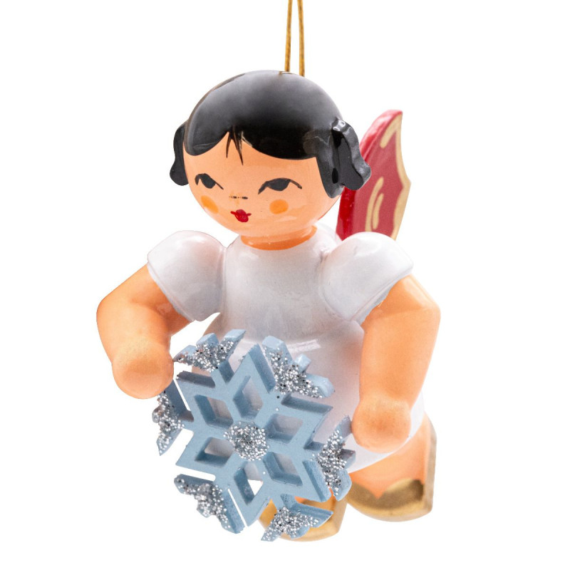 Schwebeengel mit Schneekristall, rote Flügel 6cm