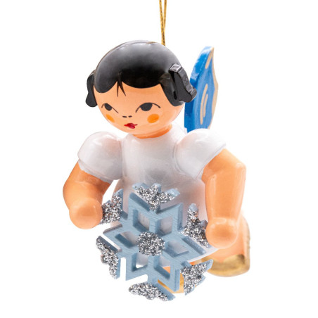 Schwebeengel mit Schneekristall, blaue Flügel 6cm
