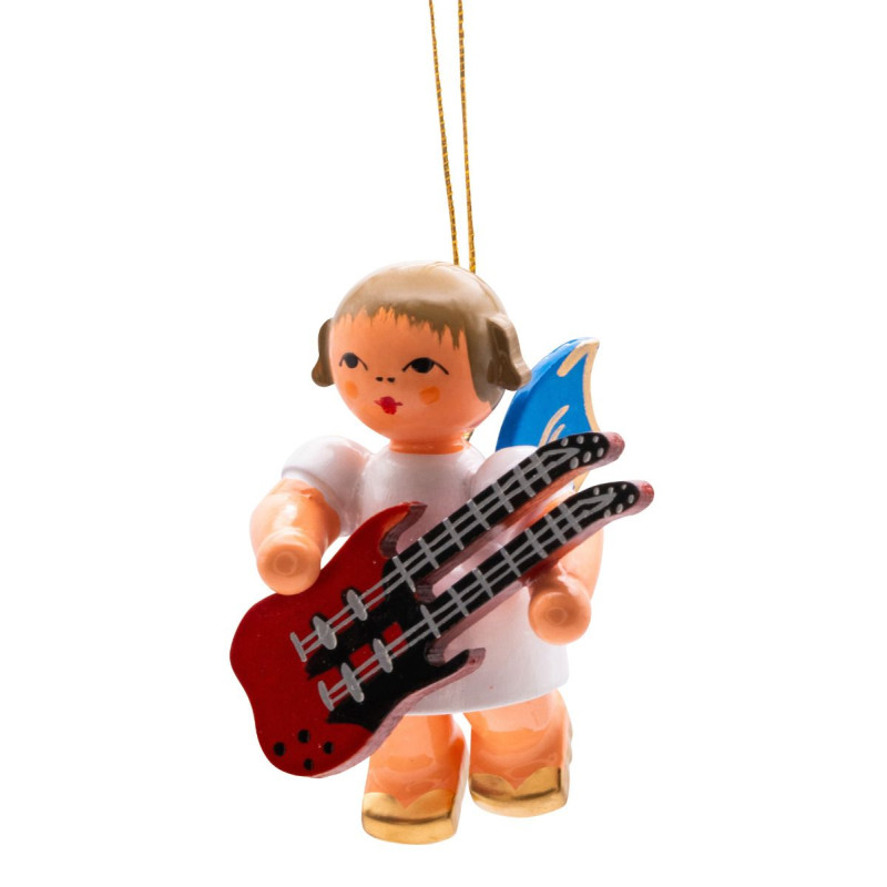 Schwebeengel mit Doppelhalsgitarre, blaue Flügel 6cm
