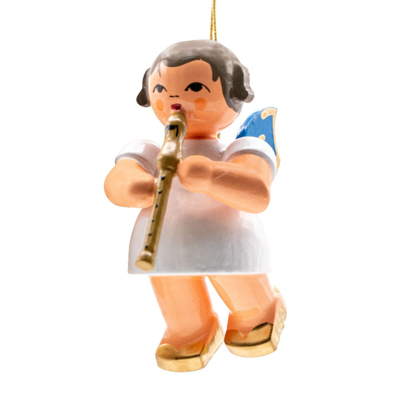 Schwebeengel mit Blockflöte, blaue Flügel 6cm