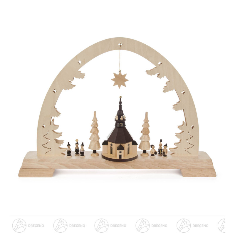 Schwibbogen mit Seiffener Kirche mit LED Beleuchtung   -exclusiv- Netzspannung: 100-240V 34x48cm