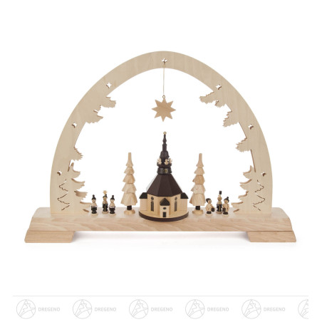 Schwibbogen mit Seiffener Kirche mit LED Beleuchtung   -exclusiv- Netzspannung: 100-240V 34x48cm
