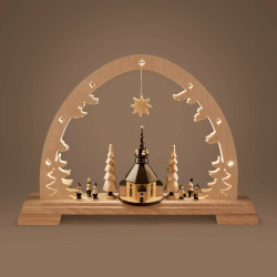 Schwibbogen mit Seiffener Kirche mit LED Beleuchtung   -exclusiv- Netzspannung: 100-240V 34x48cm