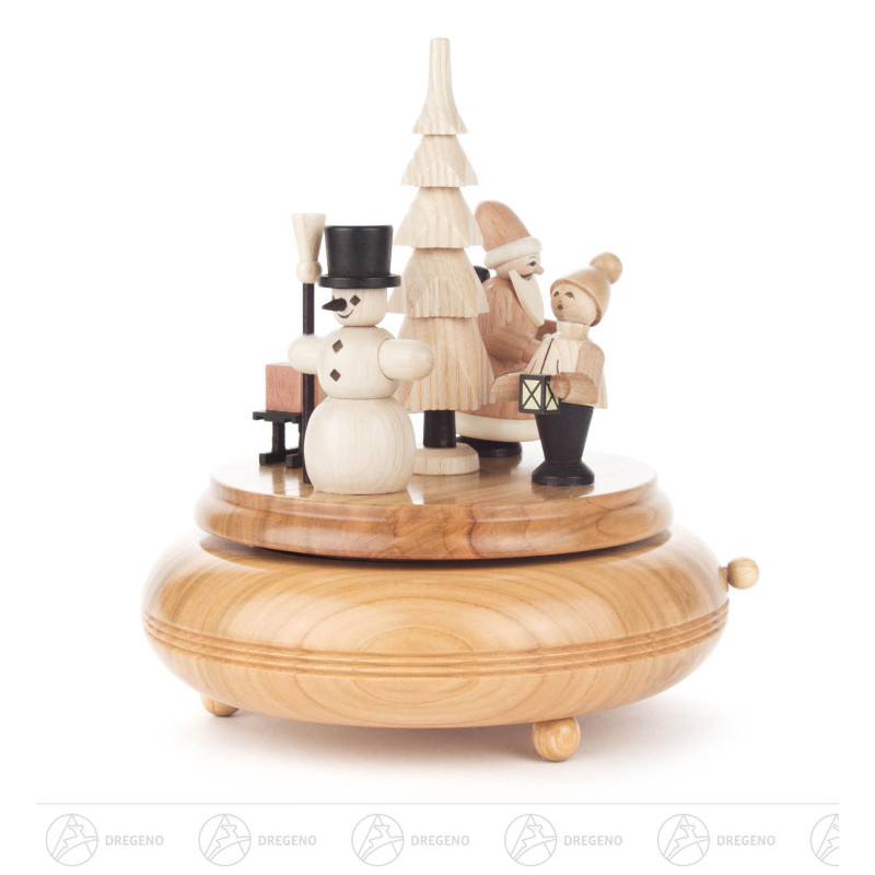 Spieldose mit Schneemann, Weihnachtsmann, Schlitten und Kind Melodie: Am Weihnachtsbaum
