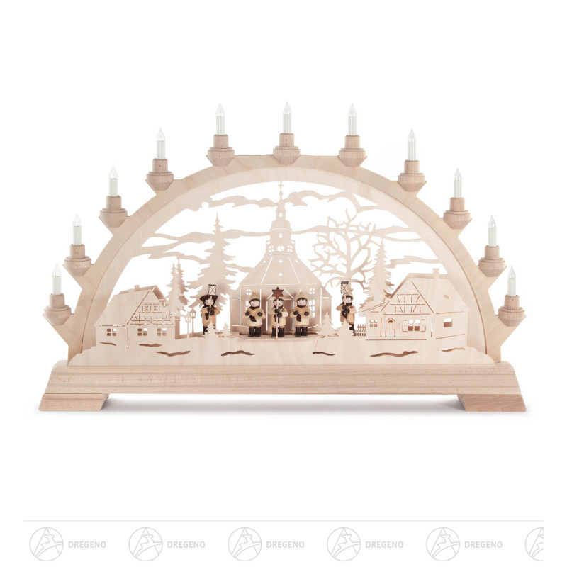 Schwibbogen mit Seiffener Dorf und Kurrende, elektrisch beleuchtet