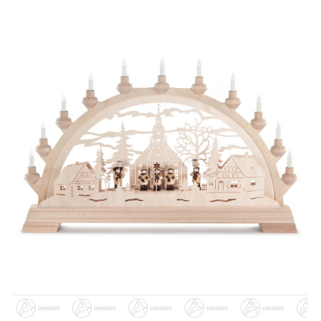 Schwibbogen mit Seiffener Dorf und Kurrende, elektrisch beleuchtet