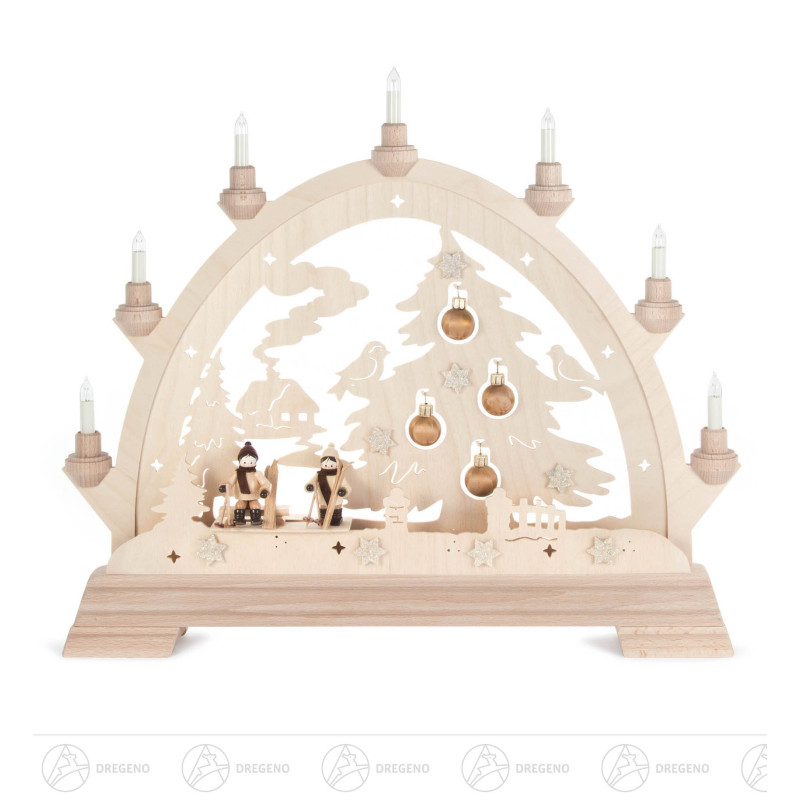 Rundbogen mit Skifahrern und Baumkugeln, elektrisch beleuchtet 48x42cm