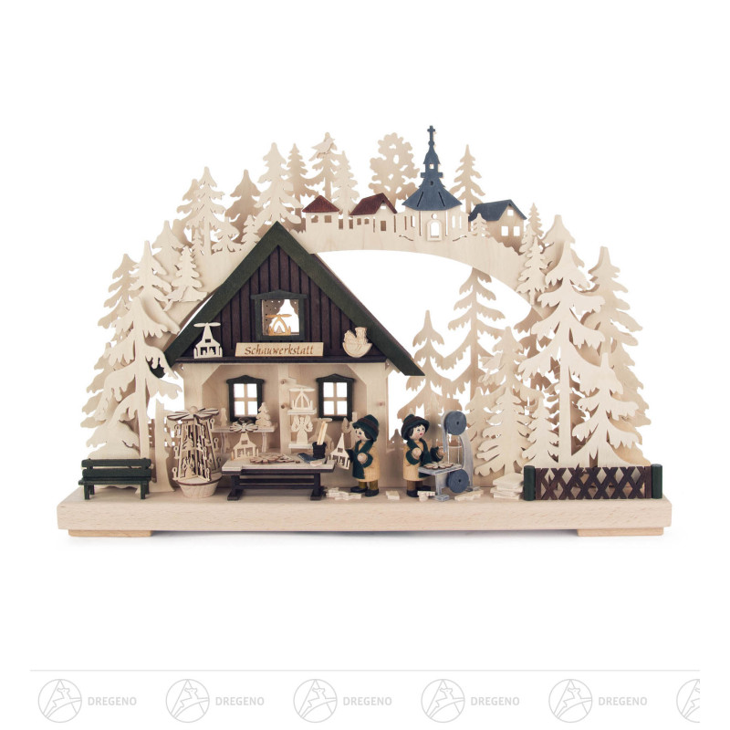 Schwibbogen Pyramidenwerkstatt klein elektrisch beleuchtet 29x43cm