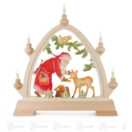 Rundbogen mit Weihnachtsmann und Reh farbig mit elektr.Beleuchtung 42x42cm