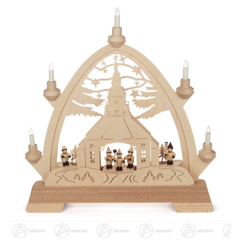 Gotischer Bogen mit Seiffener Kirche, Kurrende und Laternenkindern, elektrisch beleuchtet