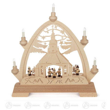 Gotischer Bogen mit Seiffener Kirche, Kurrende und Laternenkindern, elektrisch beleuchtet