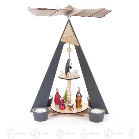 Pyramide mit Christi Geburt grau und farbigen Figuren, 2-stöckig, für Teelichte