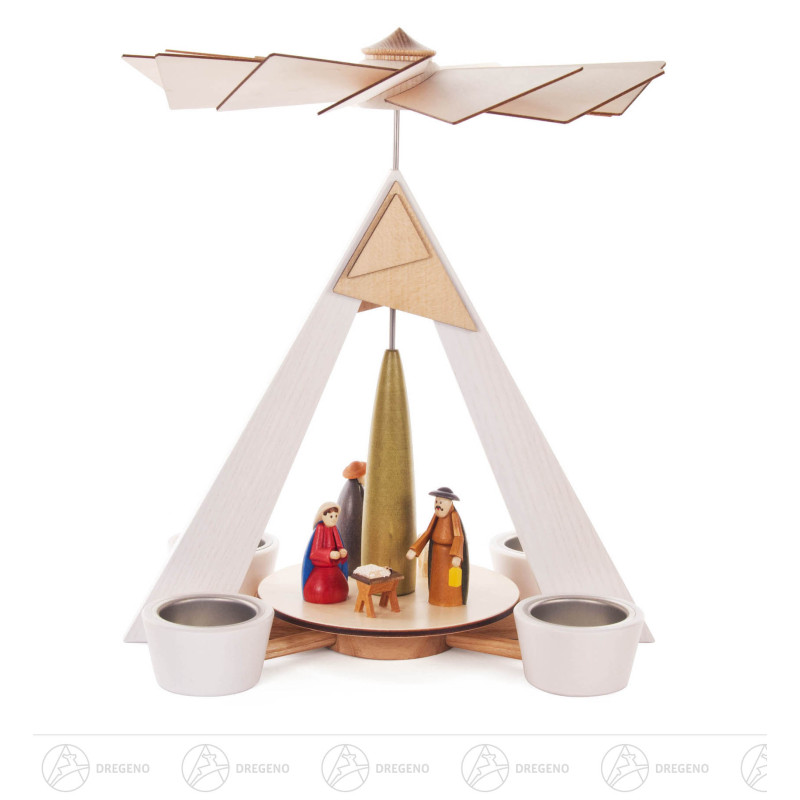 Pyramide mit Christi Geburt, weiß mit farbig lasierten Figuren, für Teelichte