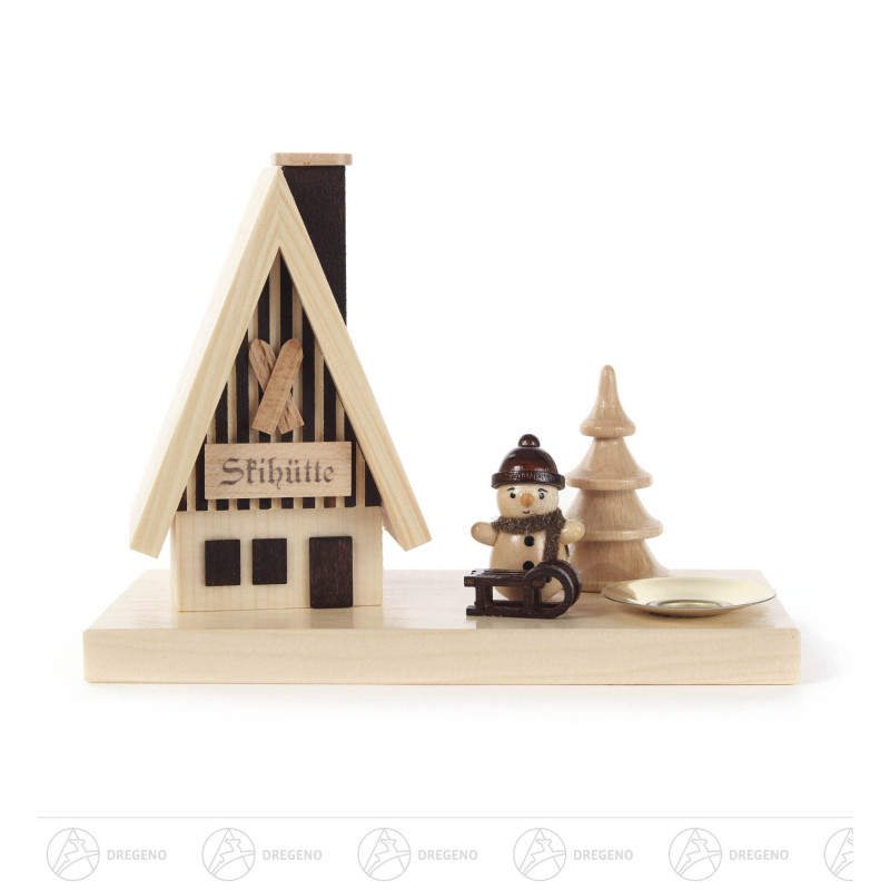 Räucherhaus Skihütte mit Schneemann und Kerzenhalter für Kerze d14mm
