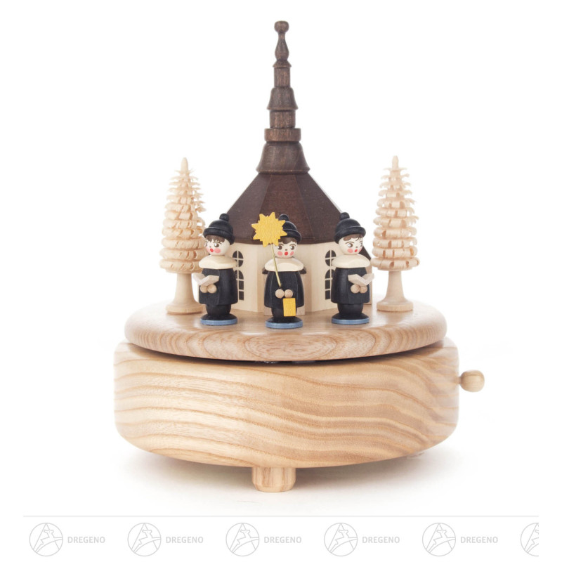 Spieldose mit Seiffener Kirche und Kurrende, Figuren schwarz Melodie: Süsser die Glocken...