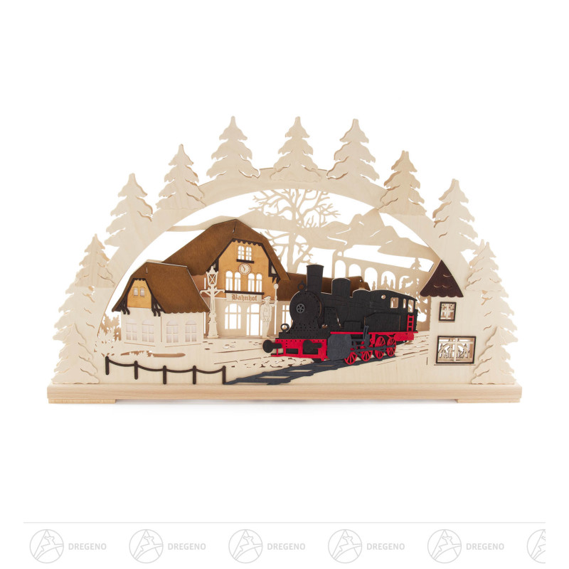 Schwibbogen Bahnhof mit Dampflock 20-teilige LED-Beleuchtung (Voll-USB) 43x72cm