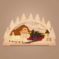 Schwibbogen Bahnhof mit Dampflock 20-teilige LED-Beleuchtung (Voll-USB) 43x72cm