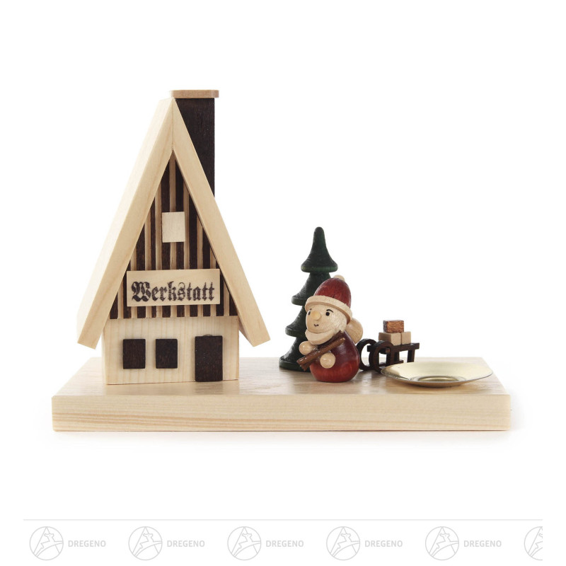 Räucherhaus Werkstatt mit Weihnachtsmann und Kerzenhalter für Kerze d14mm