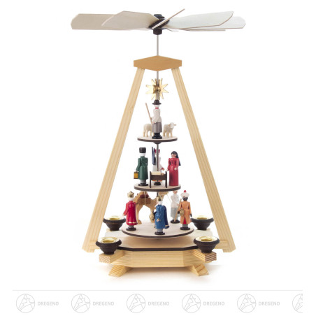 Pyramide mit Christi Geburt farbig, 3-stöckig, für Kerzen d14mm