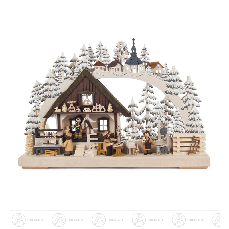 Schwibbogen Kunsthandwerk 3 D klein, grau mit Raureif und LED-Beleuchtung 29x43cm