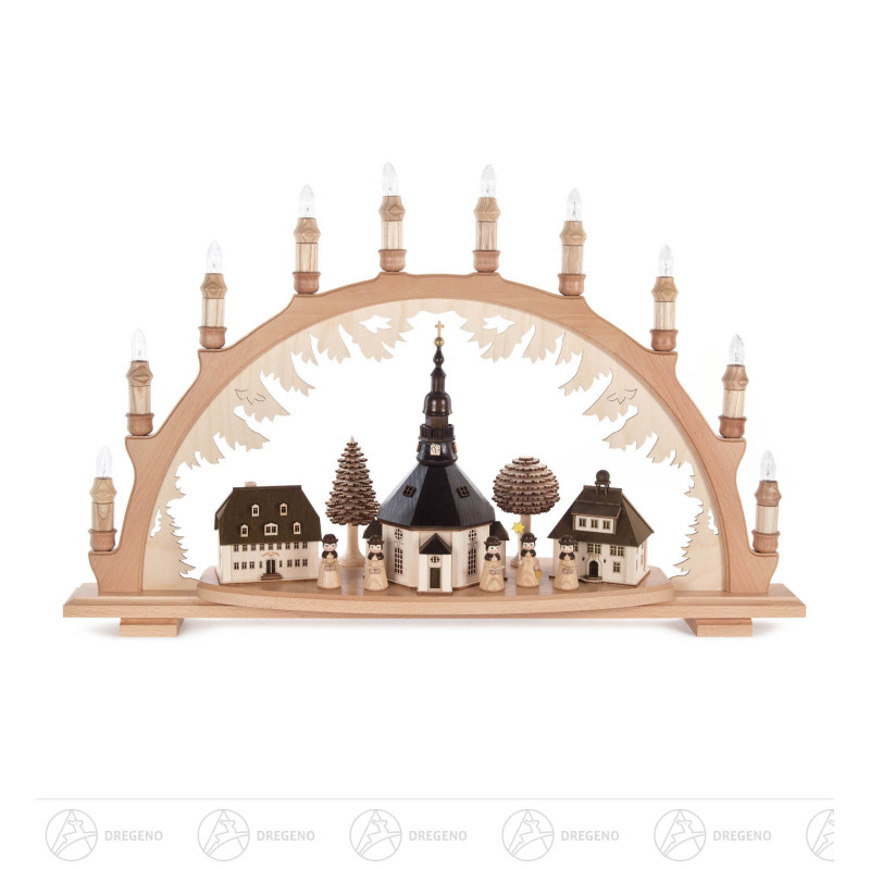 Schwibbogen mit Seiffener Dorf und Kurrende, elektrisch beleuchtet, innenbeleuchtete Gebäude