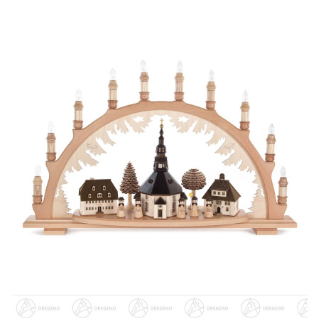 Schwibbogen mit Seiffener Dorf und Kurrende, elektrisch beleuchtet, innenbeleuchtete Gebäude