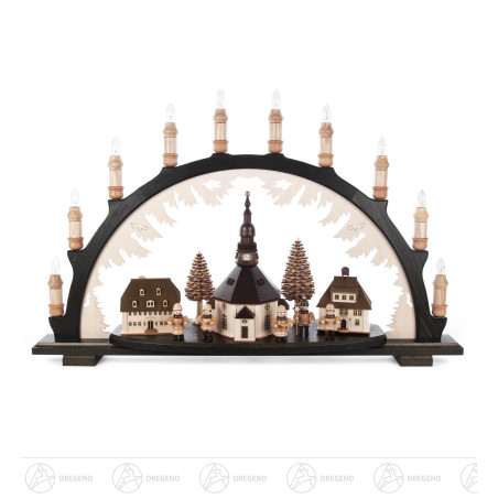 Schwibbogen schwarz mit Seiffener Dorf und Kurrende, mit LED Beleuchtung innenbeleuchtete Gebäude