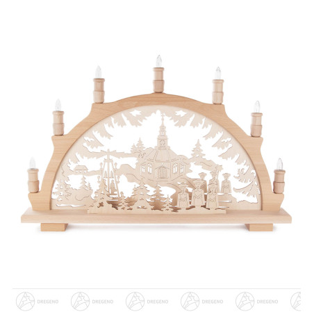 Schwibbogen mit Seiffener Kirche elektrisch beleuchtet 38x57cm