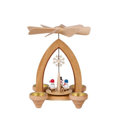 Teelichtpyramide mit Schneemann auf Schlitten / Schneekristall