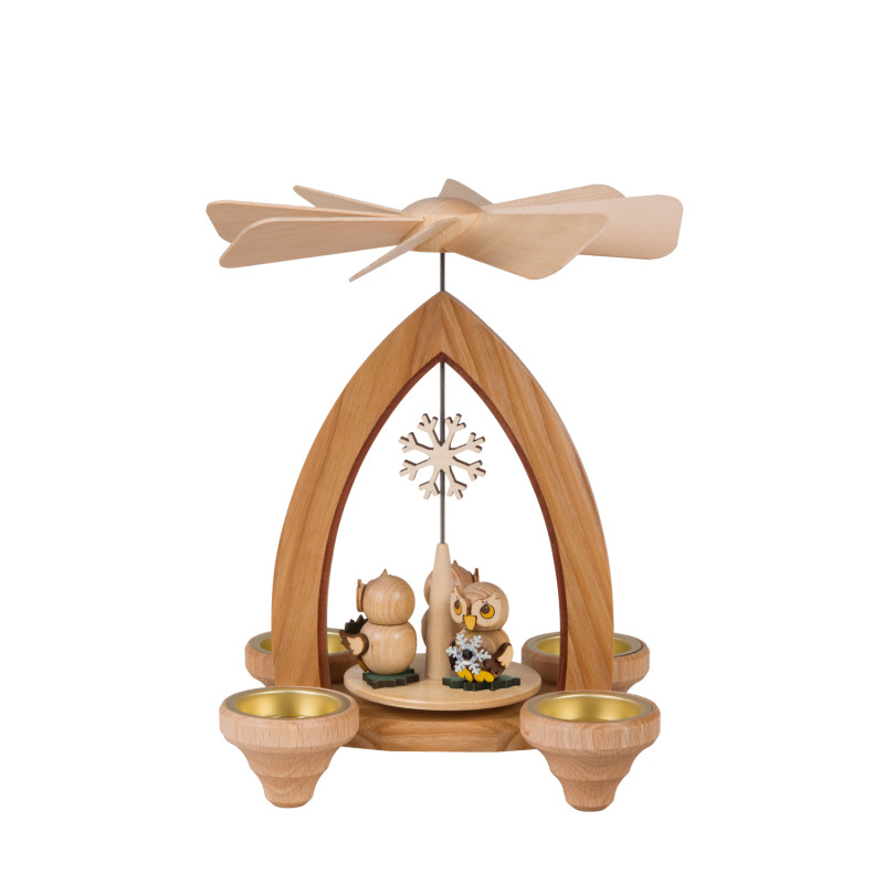 Teelichtpyramide mit Eule Winter / Schneekristall