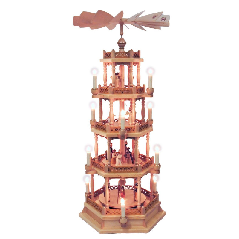 Pyramide Christi Geburt natur, 4-stöckig, elektrisch beleuchtet und betrieben, 86 cm