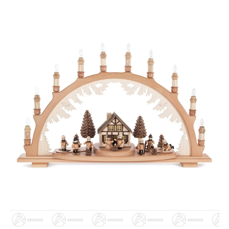 Schwibbogen mit Haus und Winterkindern, elektrisch beleuchtet, innenbeleuchtetes Gebäude