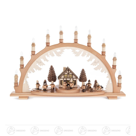 Schwibbogen mit Haus und Winterkindern, elektrisch beleuchtet, innenbeleuchtetes Gebäude