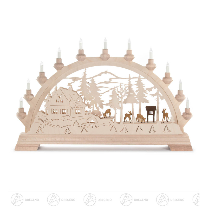 Schwibbogen mit Forsthaus und Rehen, elektrisch beleuchtet