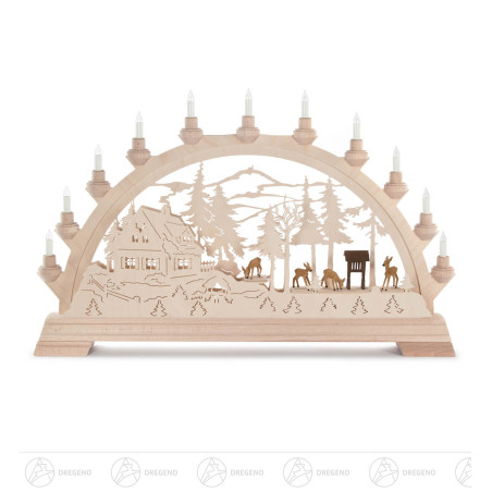 Schwibbogen mit Forsthaus und Rehen, elektrisch beleuchtet