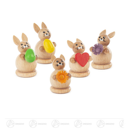 Mini-Hasen zum Stellen (6) sortiert (je 2 Stück mit Ei,Blume,Herz) 2cm