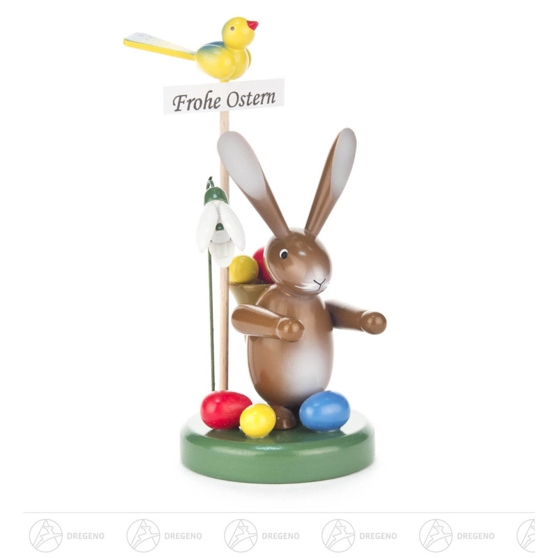 Hase Frohe Ostern mit Korb und Blume 13cm