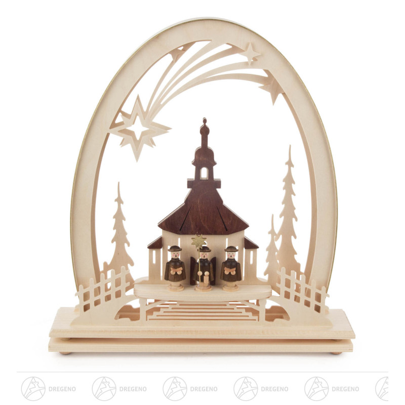 Erzgebirgsbogen Seiffener Kirche und Kurrende mit LED-Beleuchtung 33x31cm