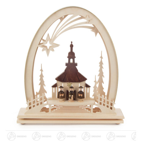 Erzgebirgsbogen Seiffener Kirche und Kurrende mit LED-Beleuchtung 33x31cm