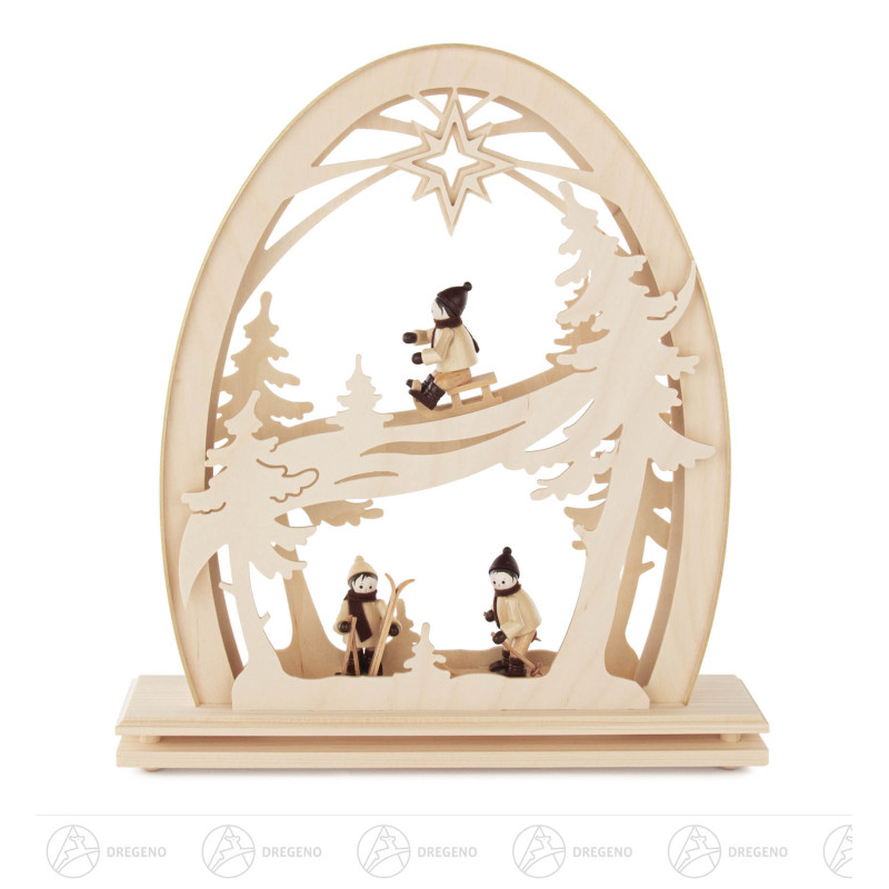 Erzgebirgsbogen Wintersportler elektrisch beleuchtet LED 34x30cm