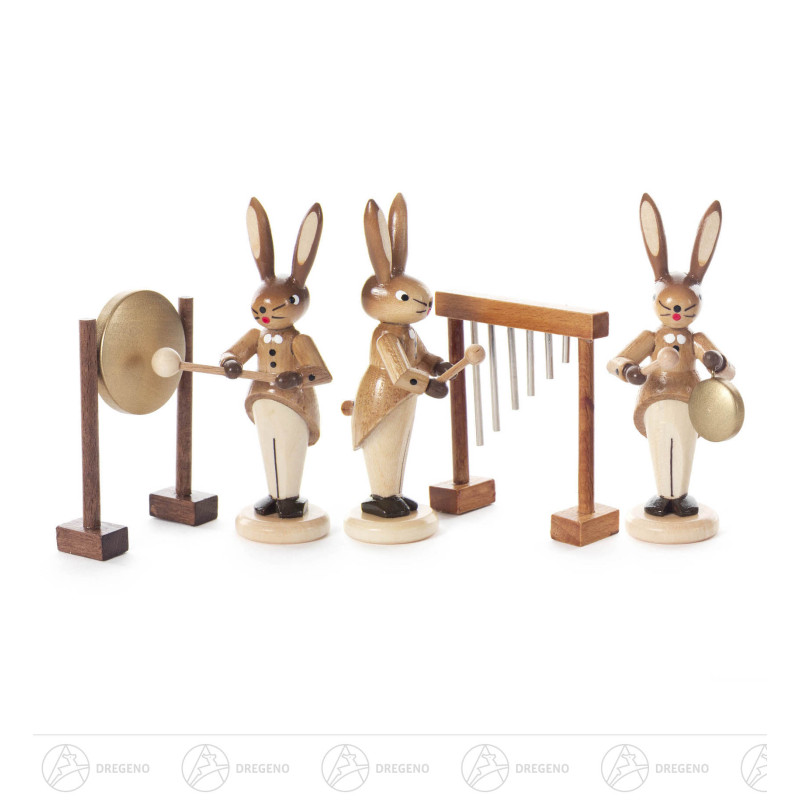 Hasentrio mit Glockenspiel, kleinem und großen Gong, natur 8cm