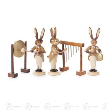 Hasentrio mit Glockenspiel, kleinem und großen Gong, natur 8cm