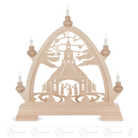 Gotischer Bogen mit Seiffener Kirche und Kurrende, elektrisch beleuchtet