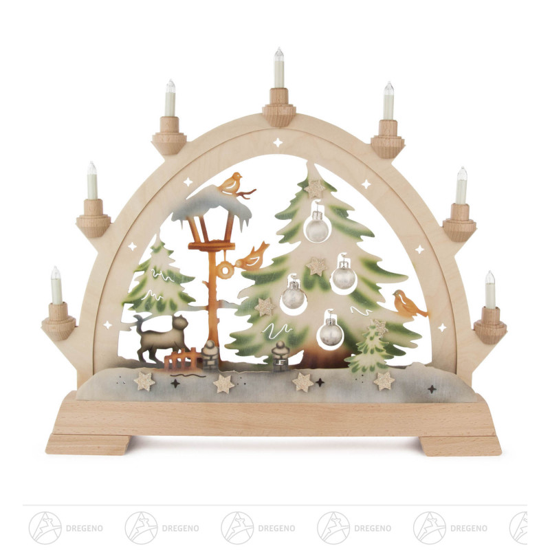 Rundbogen mit Katze und Kugeln, farbig elektr.Beleuchtung / LED Band 37x48cm