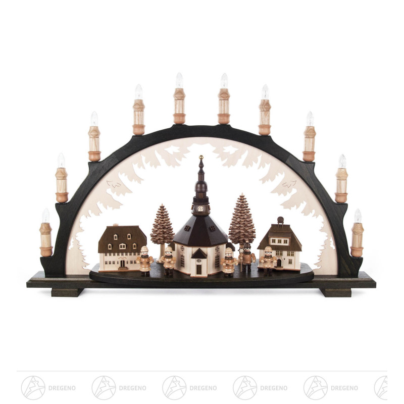 Schwibbogen schwarz mit Seiffener Dorf und Kurrende, mit LED Beleuchtung innenbeleuchtete Gebäude